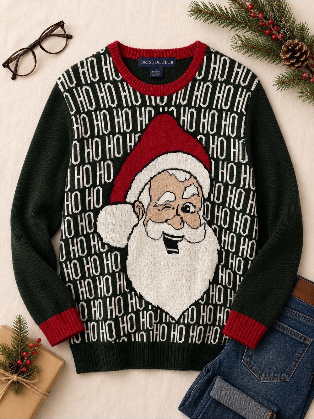 Bristol Club Ugly Christmas Sweater Santa HO HO HO Knit Pullover Size Large